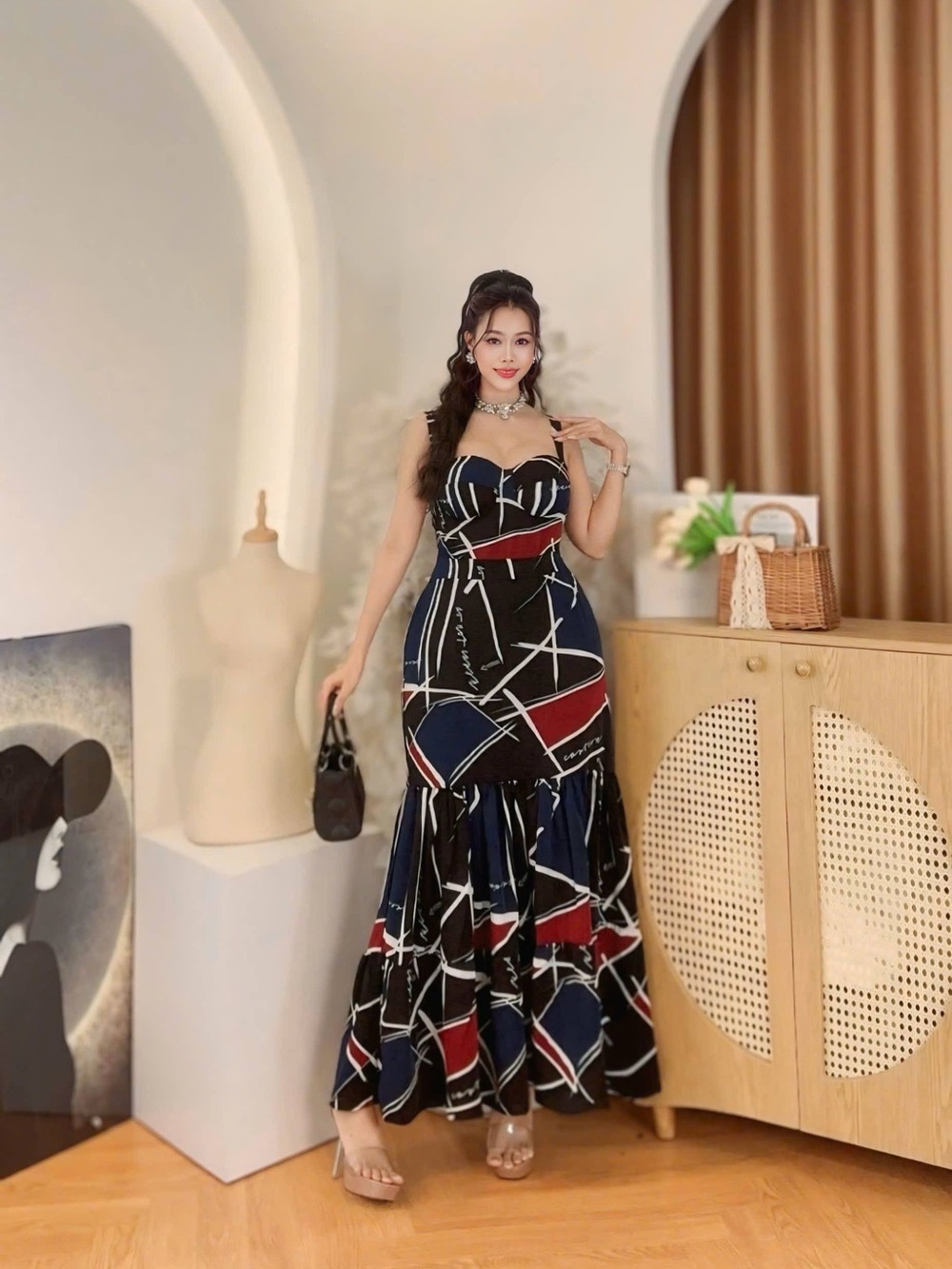 Geometric Print Maxi Dress in Black, Navy & Red